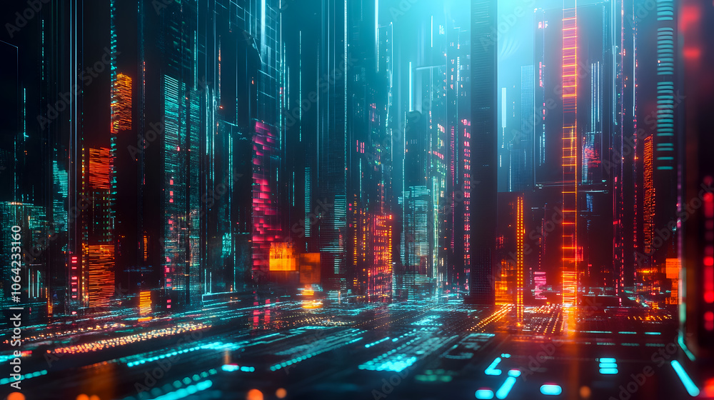 Fototapeta premium Futuristic Cityscape with Neon Lights and Technology