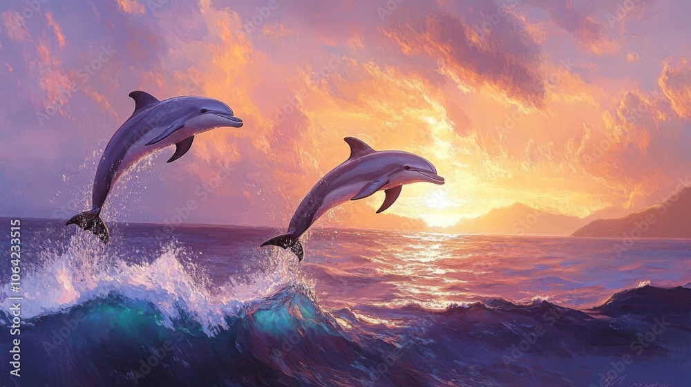 Fototapeta premium Dolphins jumping out of the water in front of a scenic ocean sunset