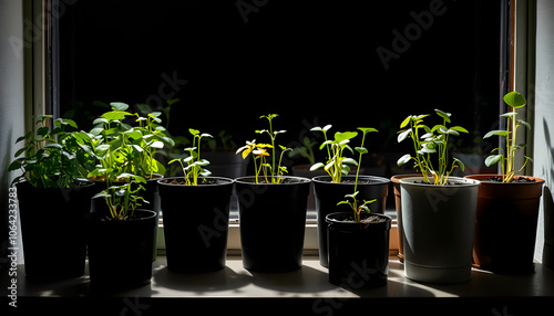 Many different seedlings growing in pots on window sill isolated with white shades, png photo