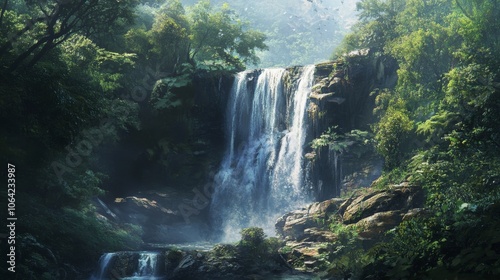 Close-up of a waterfall cascading down a rocky cliff in a dense forest