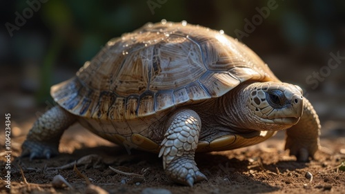 a rare albino tortoise that walks slowly on the ground. It's hard, intricately patterned shell provides a strong contrast to the soft, earthy background colors.