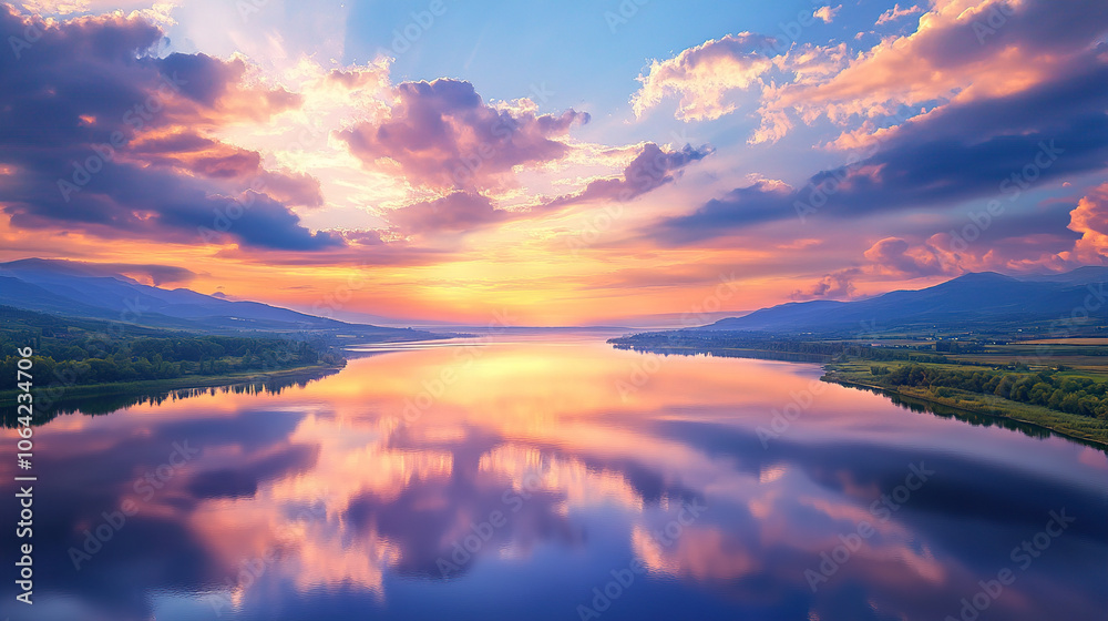 Fototapeta premium A stunning aerial view of the expansive river, reflecting the vibrant colors and dramatic clouds above
