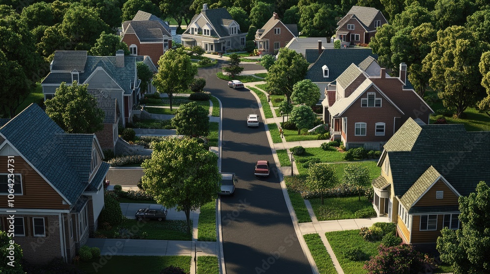 Aerial View of Quiet Residential Neighborhood with Homes Aerial View of Quiet Residential Neighborhood with Homes