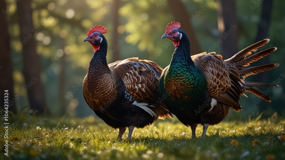 Fototapeta premium two turkeys standing tall in a lush green forest, bathed in the warm glow of the morning sun. Their distinctive red crests, colorful plumage, and alert expressions are captured in detail.