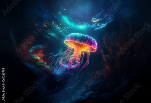 A bioluminescent jellyfish glows vibrantly in the deep ocean, surrounded by coral and lit by an ethereal light.