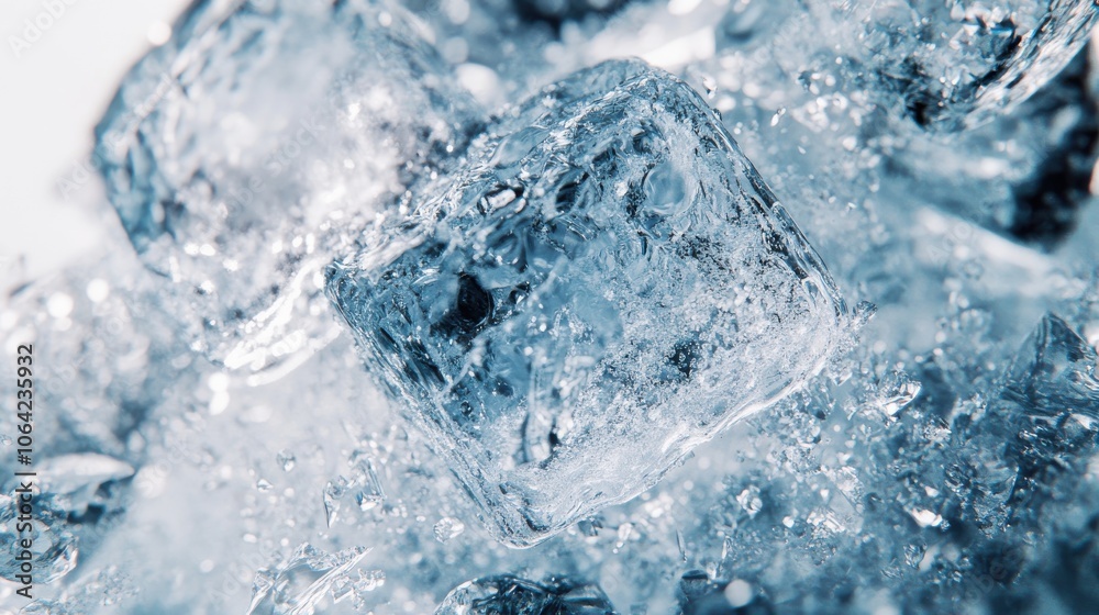 Chunks of clear ice float atop shimmering water, creating bubbles and dazzling reflections under soft lighting, evoking a refreshing and serene atmosphere for relaxation. Chunks of clear ice float atop shimmering water, creating bubbles and dazzling reflections under soft lighting, evoking a refreshing and serene atmosphere for relaxation.