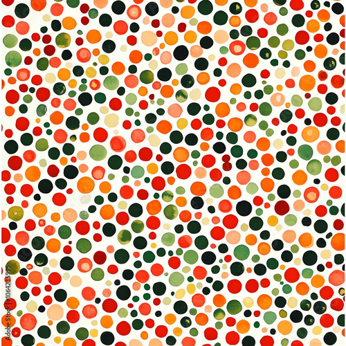  A pattern of polka dots in shades of green, orange, and red on a white background.