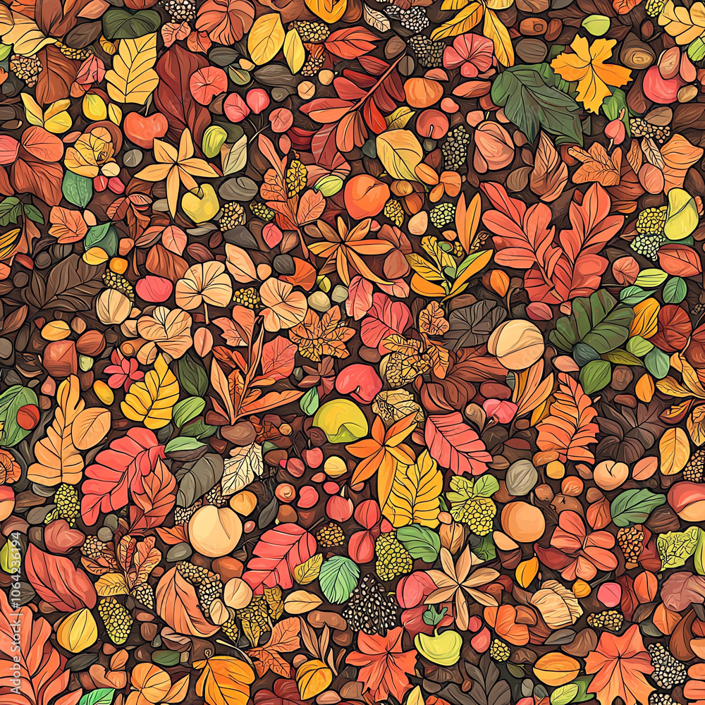 A seamless pattern of autumn leaves, acorns, and chestnuts scattered across the canvas, with vibrant fall colors. A seamless pattern of autumn leaves, acorns, and chestnuts scattered across the canvas, with vibrant fall colors.