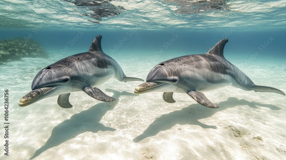 Fototapeta premium Playful Dolphins Swimming Underwater Together