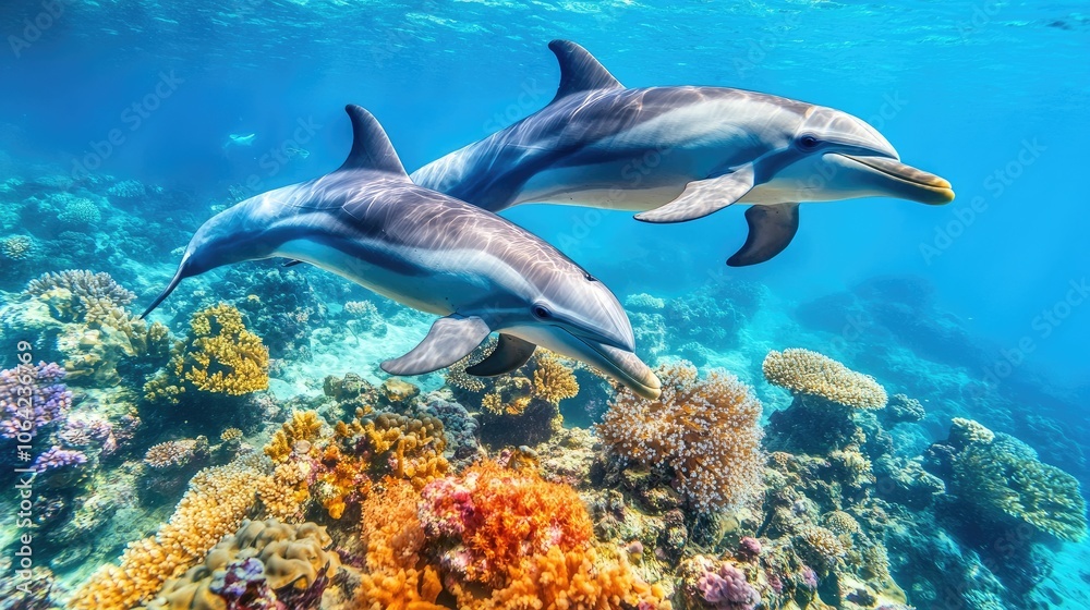 Fototapeta premium Dolphins Swimming Among Vibrant Coral Reefs