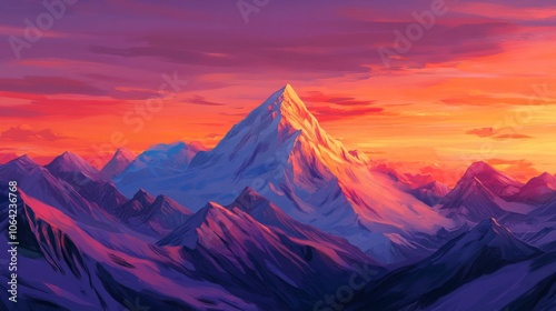 Majestic mountain range at sunrise with vibrant orange and pink skies photo