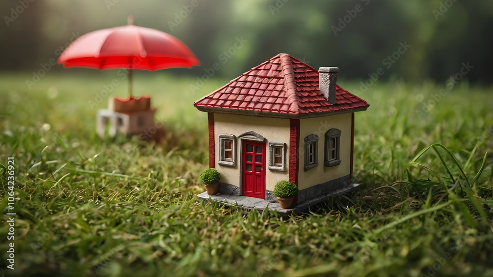 Miniature homes protected under red umbrellas in green fields: housing insurance and property protection concepts generative ai Miniature homes protected under red umbrellas in green fields: housing insurance and property protection concepts generative ai