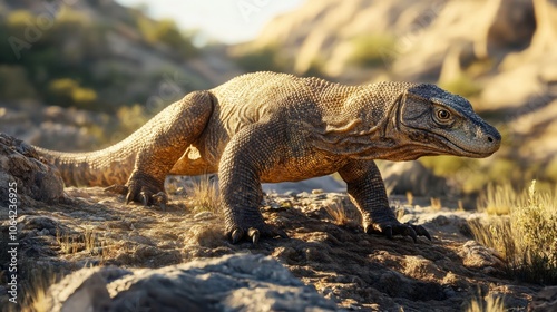 A Komodo dragon walking across a rocky terrain with detailed scales photo