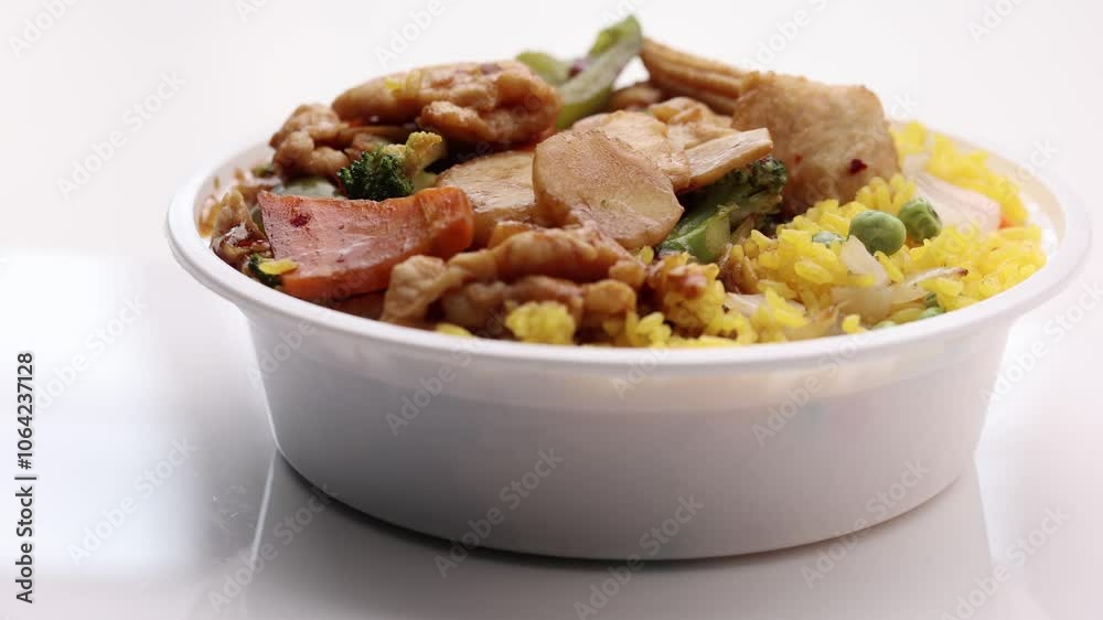 Szechuan chicken asian dish cooked in Chinese restaurant in USA served in plastic container for take out as lunch special Szechuan chicken asian dish cooked in Chinese restaurant in USA served in plastic container for take out as lunch special