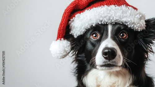 Border Collie with Santa hat isolated with space for text.