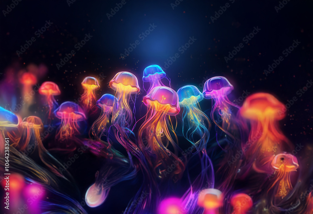 A group of bioluminescent jellyfish swim in a dark, starry sea.