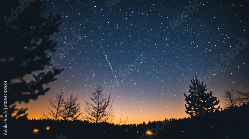 Starry Night Sky with Silhouetted Trees and a Sunset Horizon