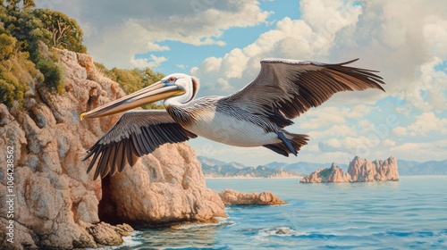 A pelican flying low over a coastal bay