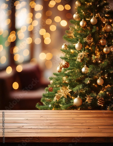 Fondo de mesa de Navidad vacía con árbol de Navidad fuera de foco para montaje de exhibición photo