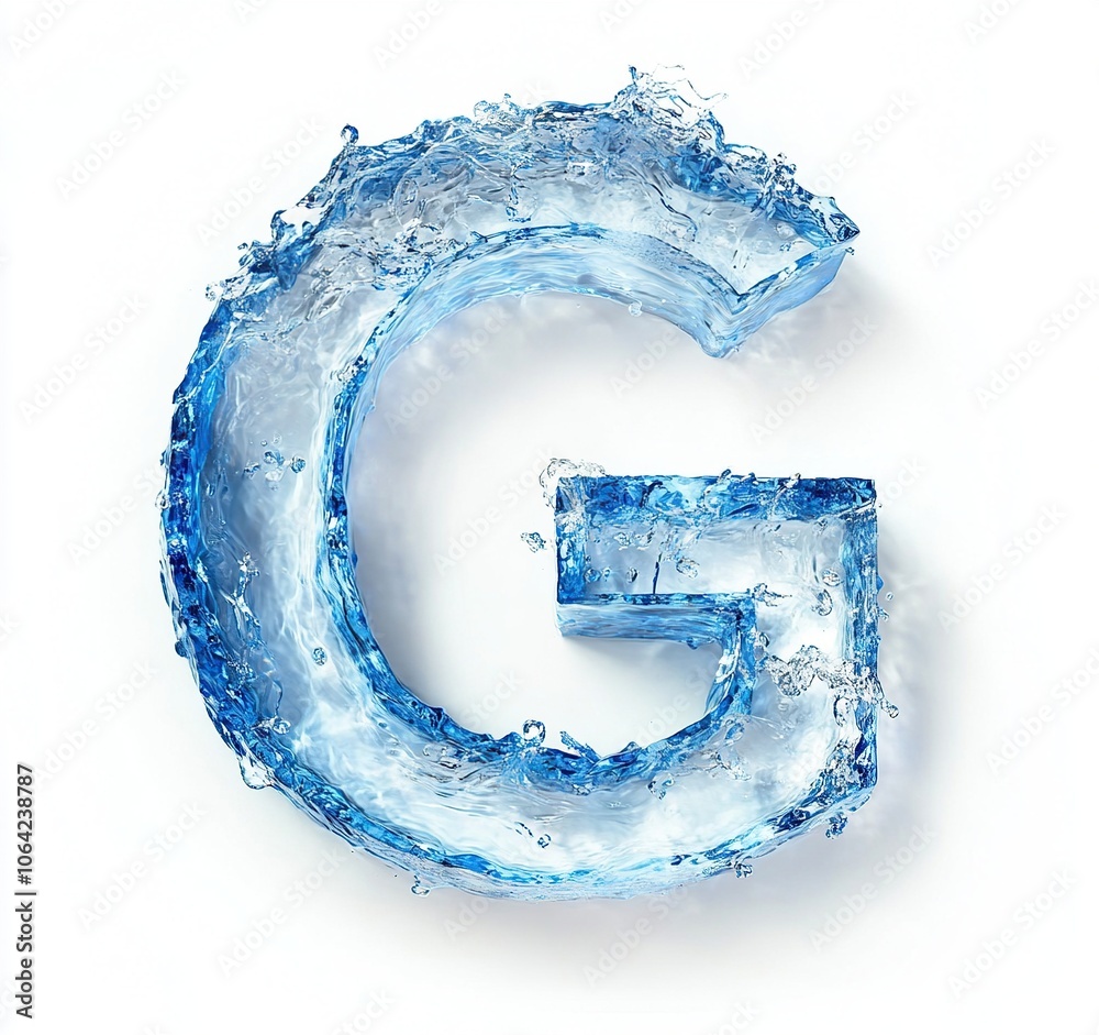 Water font letter G made of water on white background. blue liquid ocean. 3d