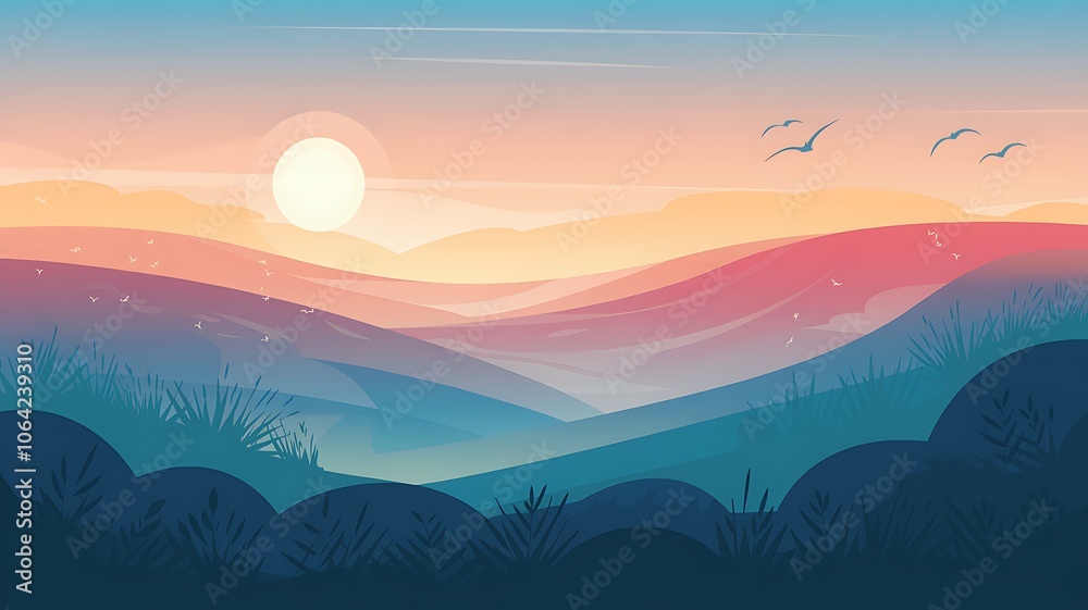 Silhouetted Hills and a Sunset Sky with Birds Flying Silhouetted Hills and a Sunset Sky with Birds Flying