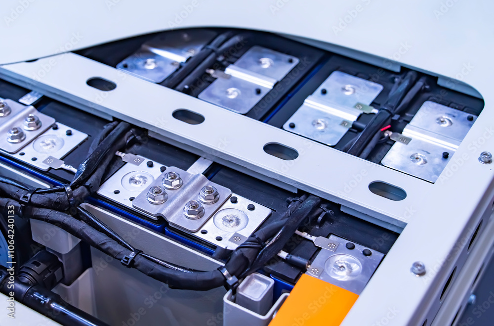 Obraz premium Electric vehicle lithium NMC battery for EV car energy storage. Lithium-ion cell pack or High voltage electric vehicle batteries.