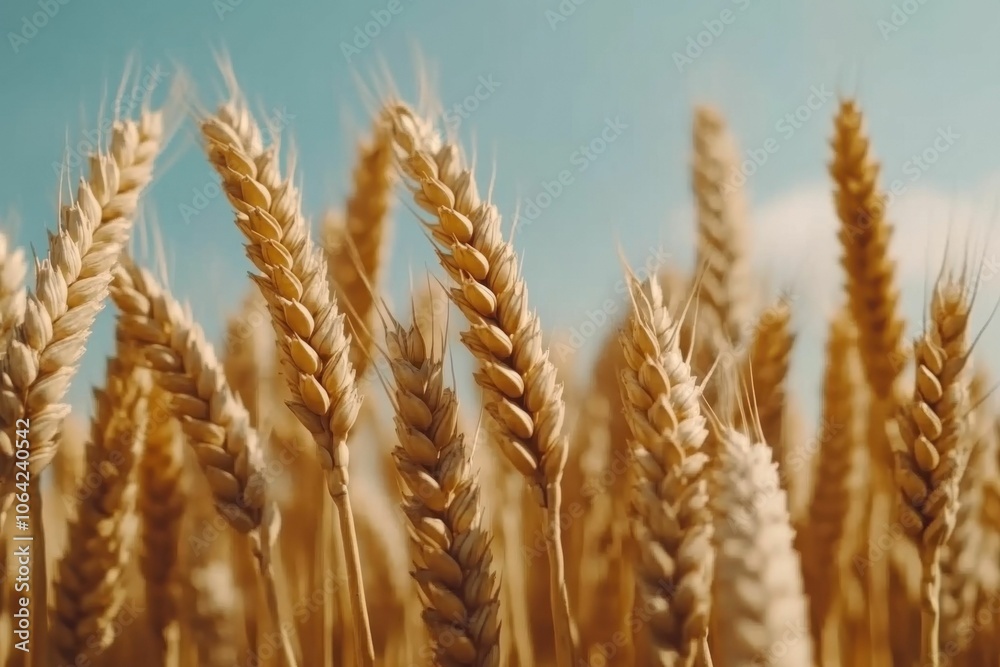 A field of golden wheat with a blue sky in the background A field of golden wheat with a blue sky in the background