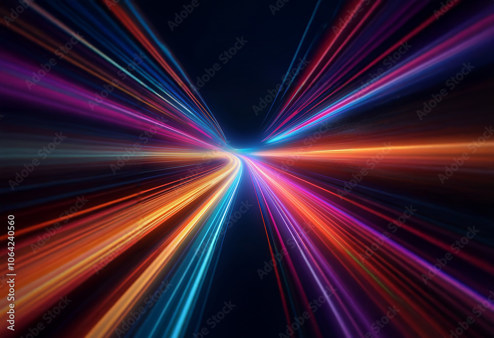 Abstract image of colorful light streaks converging in the center, creating an effect of speed and motion. Abstract image of colorful light streaks converging in the center, creating an effect of speed and motion.