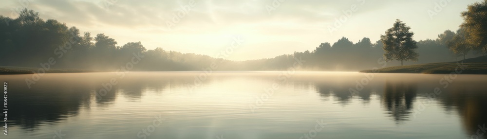 A calm lake with a tree in the foreground