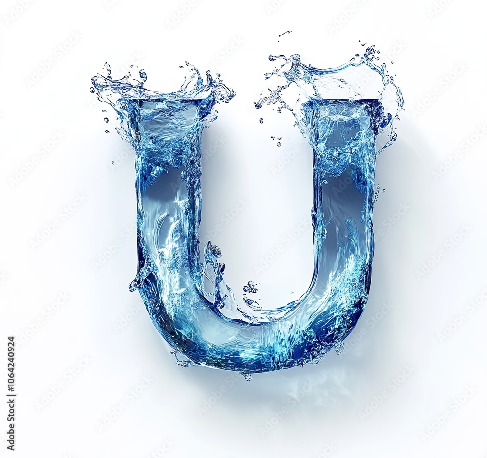 Water font letter U made of water on white background. blue liquid ocean. 3d Water font letter U made of water on white background. blue liquid ocean. 3d