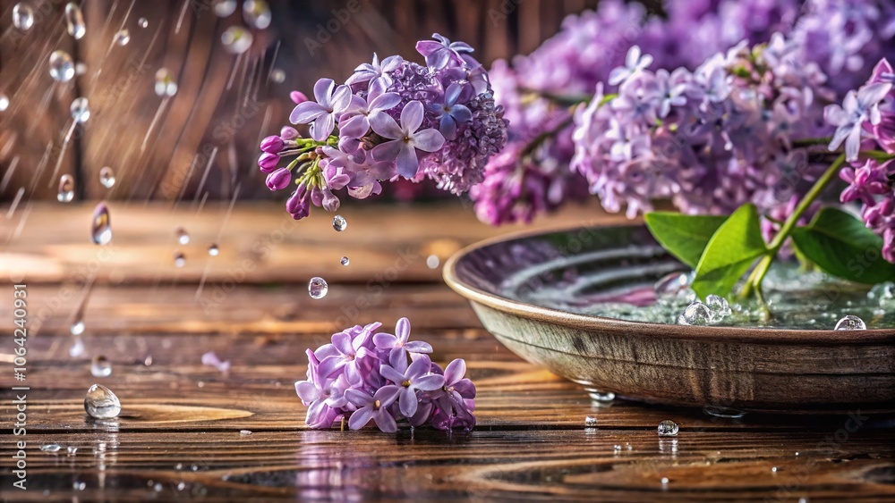 Close-up of lilac flowers releasing water droplets in a shallow container on a wooden background, home decor, garden, blossoms, flowers Close-up of lilac flowers releasing water droplets in a shallow container on a wooden background, home decor, garden, blossoms, flowers
