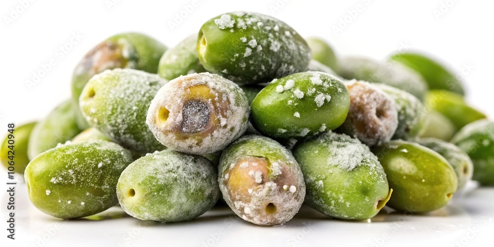 Close-up of olive fruit with a cluster of slimy green mold growing on it on a white background, nature, fungus Close-up of olive fruit with a cluster of slimy green mold growing on it on a white background, nature, fungus