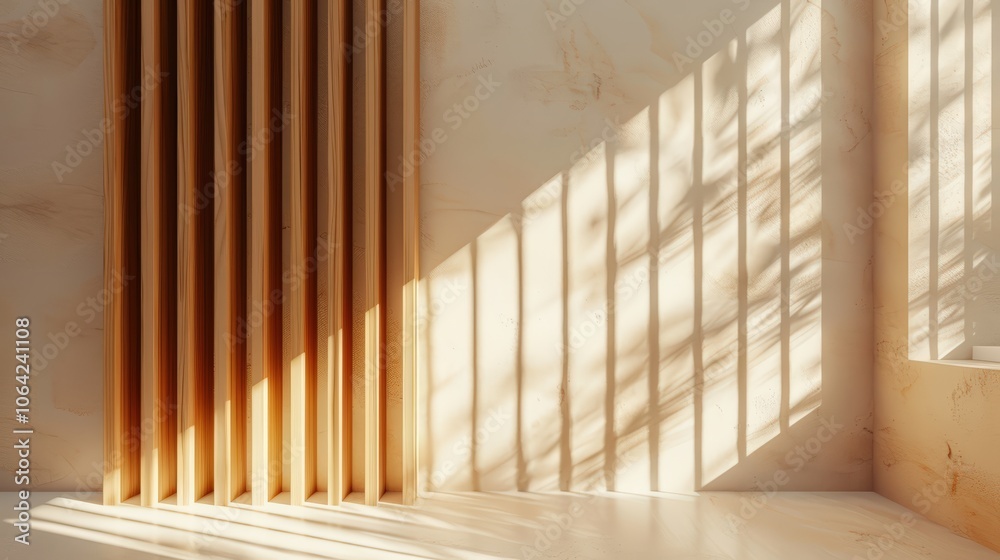 Wall with wood background. Panels with wood texture. Vertical slats in the interior design of an empty studio room Wall with wood background. Panels with wood texture. Vertical slats in the interior design of an empty studio room