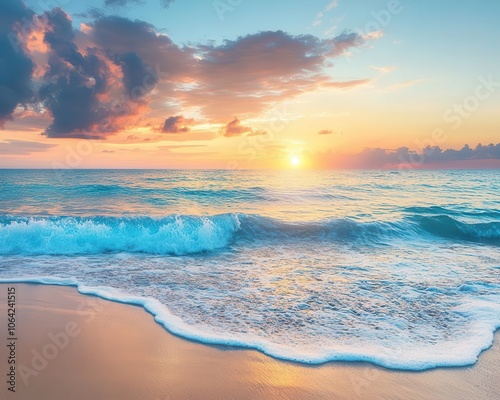 Beach at sunrise with vibrant colors, soft lighting, serene atmosphere, ocean waves, dynamic sky, photo-realistic