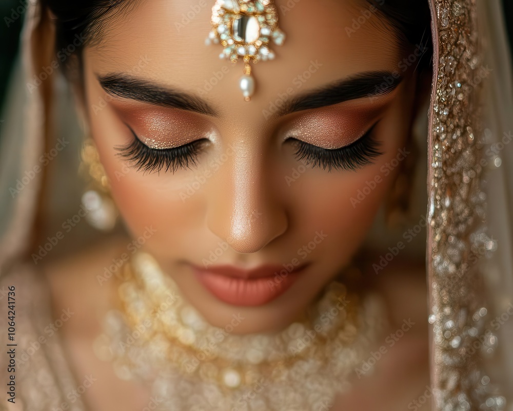 Fototapeta premium Bridal makeup look with soft pastels, intricate details, elegant setting, soft lighting, photo-realism