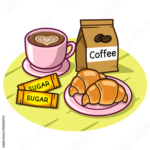 coffee with croissant cartoon illustration