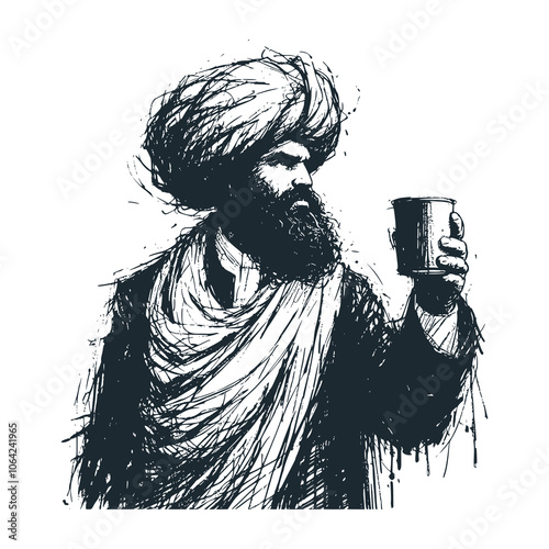 Man in turban holding glass. Black white vector illustration.