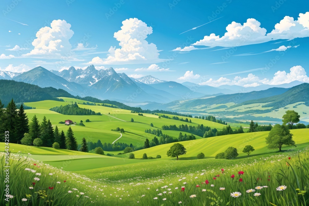 Fototapeta premium Vibrant Cartoon Vector Illustration of Lush Green Fields Rolling Towards a Bright Blue Sky Landscape