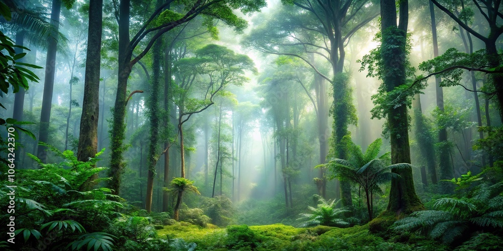 Obraz premium Dense foliage and towering trees in a misty forest environment, wild, dense foliage, tree cover, vegetation