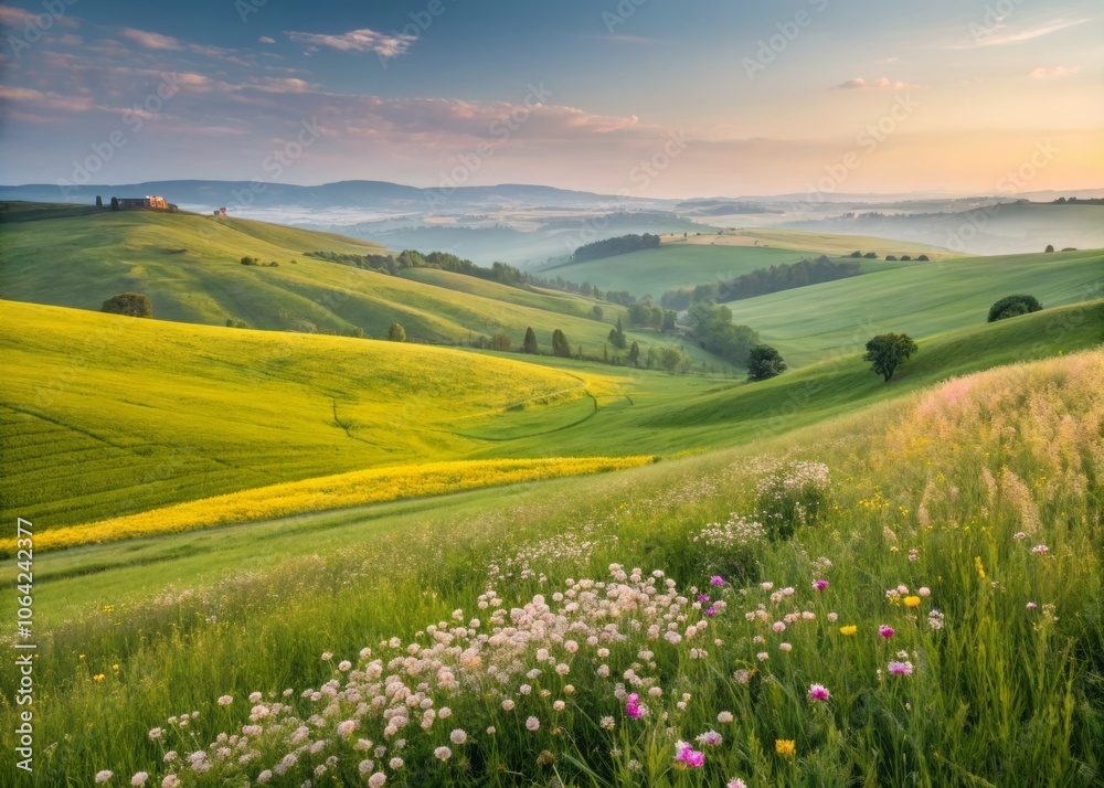 Fototapeta premium Vibrant Vector Illustration of Serene Green Landscape with Rolling Hills and a Peaceful Atmosphere