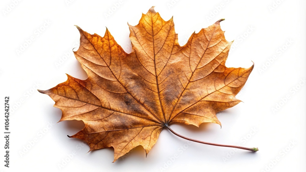 Dried brown autumn maple leaf reflected on white background Dried brown autumn maple leaf reflected on white background