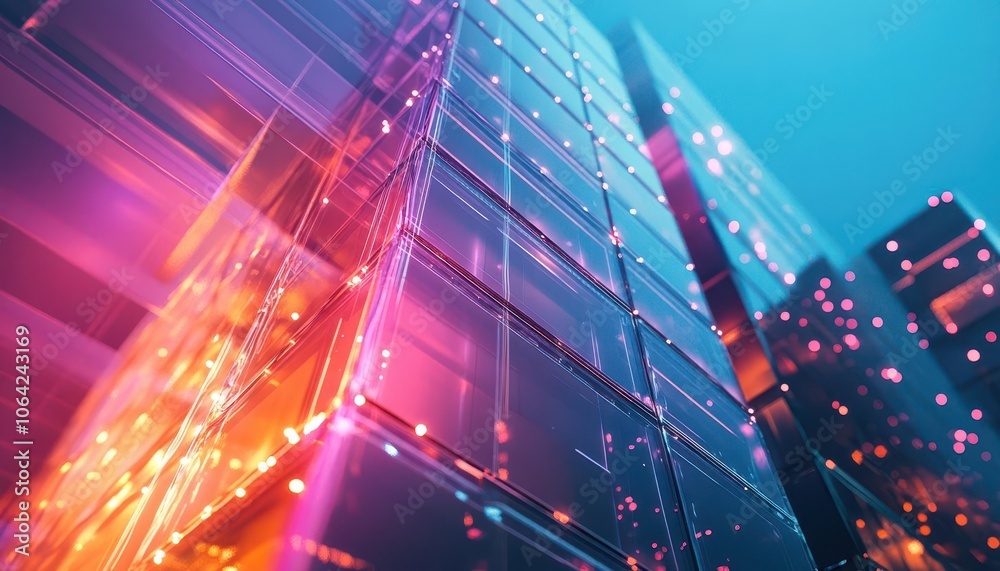 Futuristic building design with sleek glass structures, vibrant lighting, soft glow, high-tech architecture Futuristic building design with sleek glass structures, vibrant lighting, soft glow, high-tech architecture
