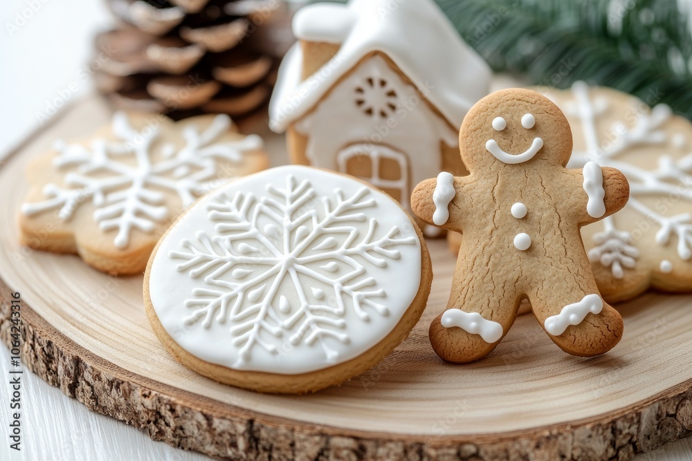 A wooden tray with a variety of cookies and a gingerbread man A wooden tray with a variety of cookies and a gingerbread man