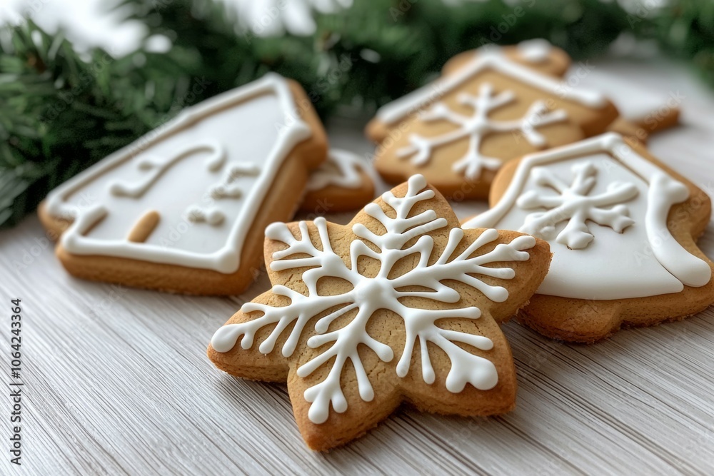 A row of cookies with a snowflake and a house on them A row of cookies with a snowflake and a house on them