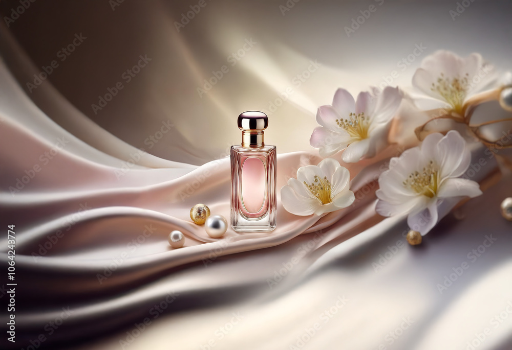 A glass bottle of perfume sits on a bed of silky fabric, surrounded by delicate white blossoms and pearl-like objects. A glass bottle of perfume sits on a bed of silky fabric, surrounded by delicate white blossoms and pearl-like objects.