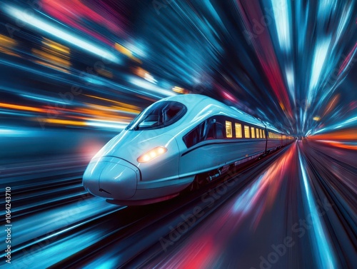 High-speed rail travel with vibrant movement, sleek modern train, soft lighting, dynamic energy, futuristic vibe