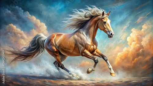 Detailed description A dynamic painting of a majestic horse running with its mane flowing in the wind, horse, running, painting