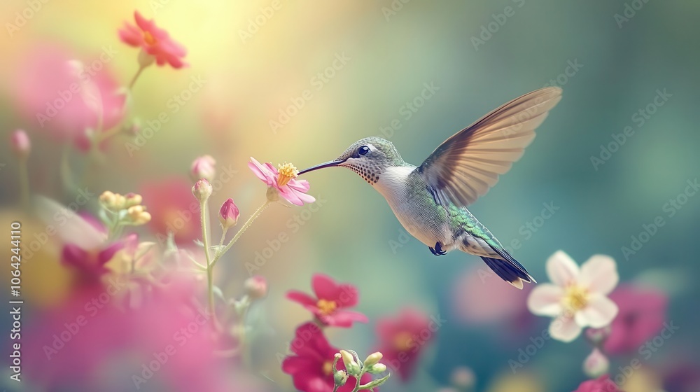 Fototapeta premium Hummingbird sipping nectar with vibrant flowers, soft natural lighting, dynamic movement, serene atmosphere