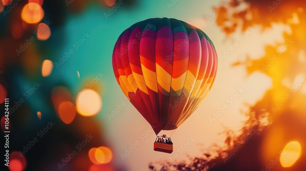 Fototapeta premium Hot air balloon flight with vibrant colors, soft lighting, serene atmosphere, dynamic movement, high contrast