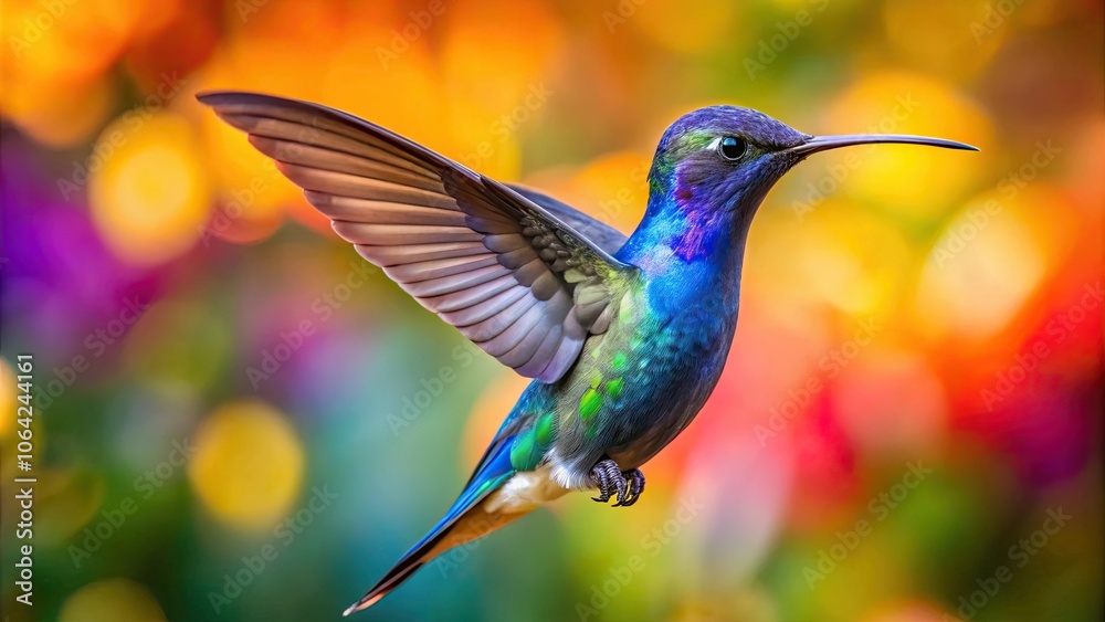 Fototapeta premium Close up blue hummingbird hovering against colorful tropical background